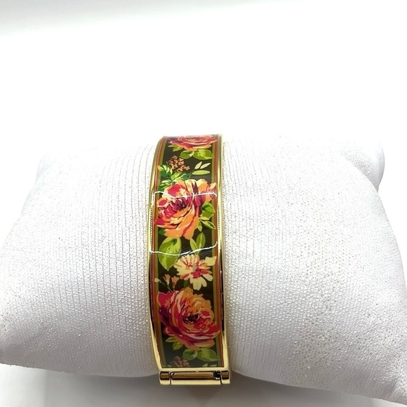 Vera Bradley Enamel English Rose Floral Hinged Gold Tone Bangle Bracelet Pink - Picture 6 of 8